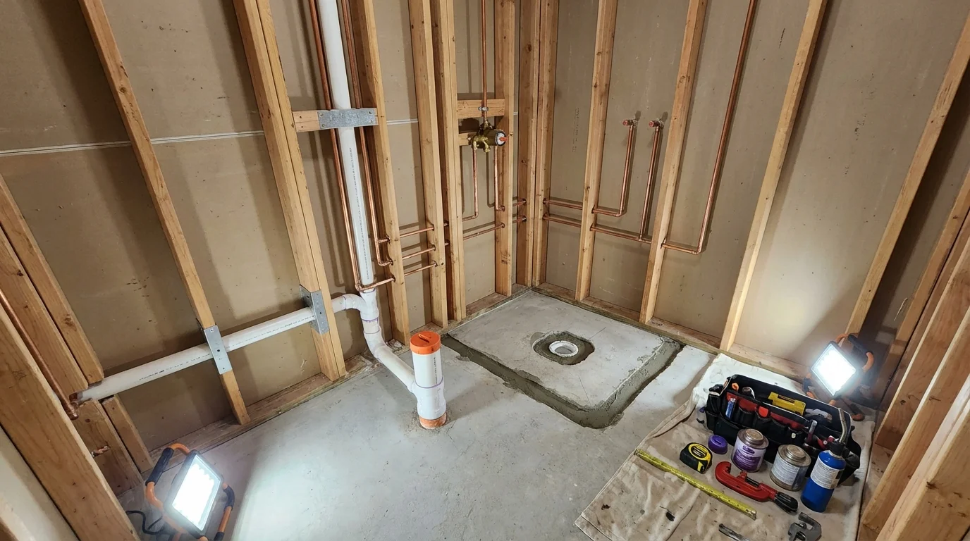Bathroom rough-in plumbing during remodel by Johns Plumbing LLC in Grundy