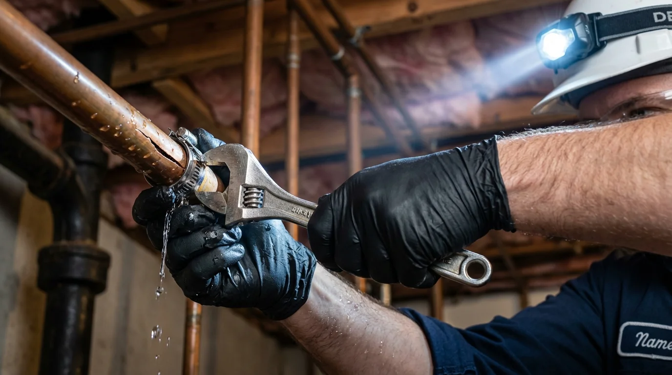 Emergency pipe clamp repair being performed by a Johns Plumbing LLC plumber in Grundy