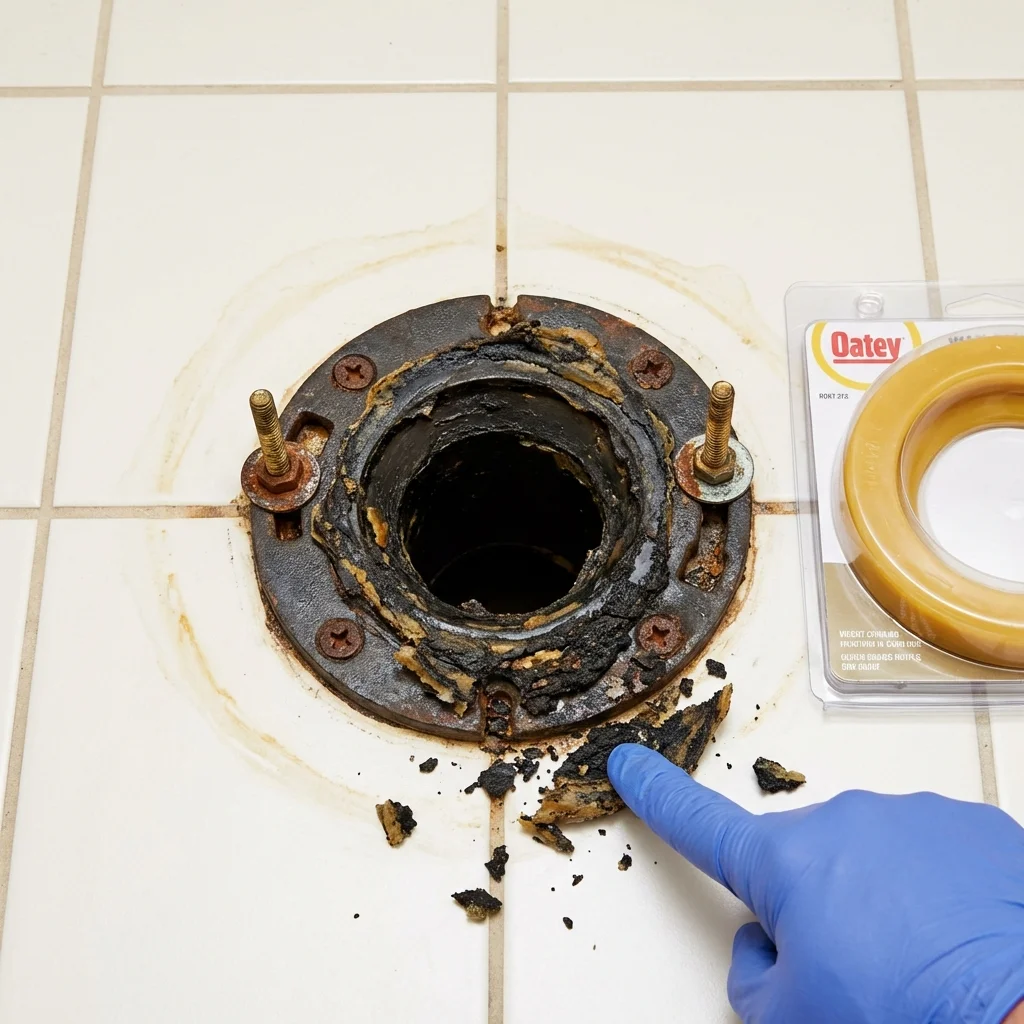 Failed wax ring showing water seepage at the base of a toilet in a Grundy, VA home