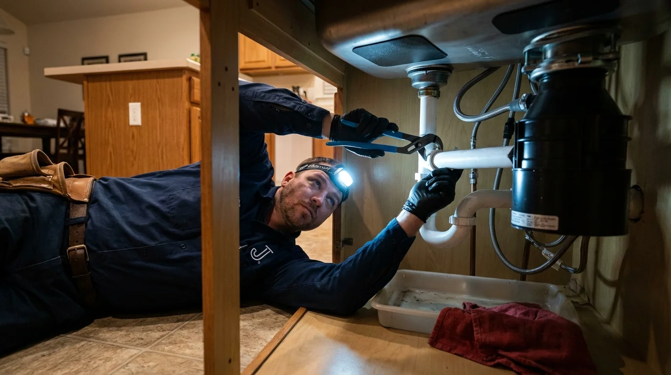 P-trap and supply line connections under a kitchen sink showing a common leak point in Grundy, VA